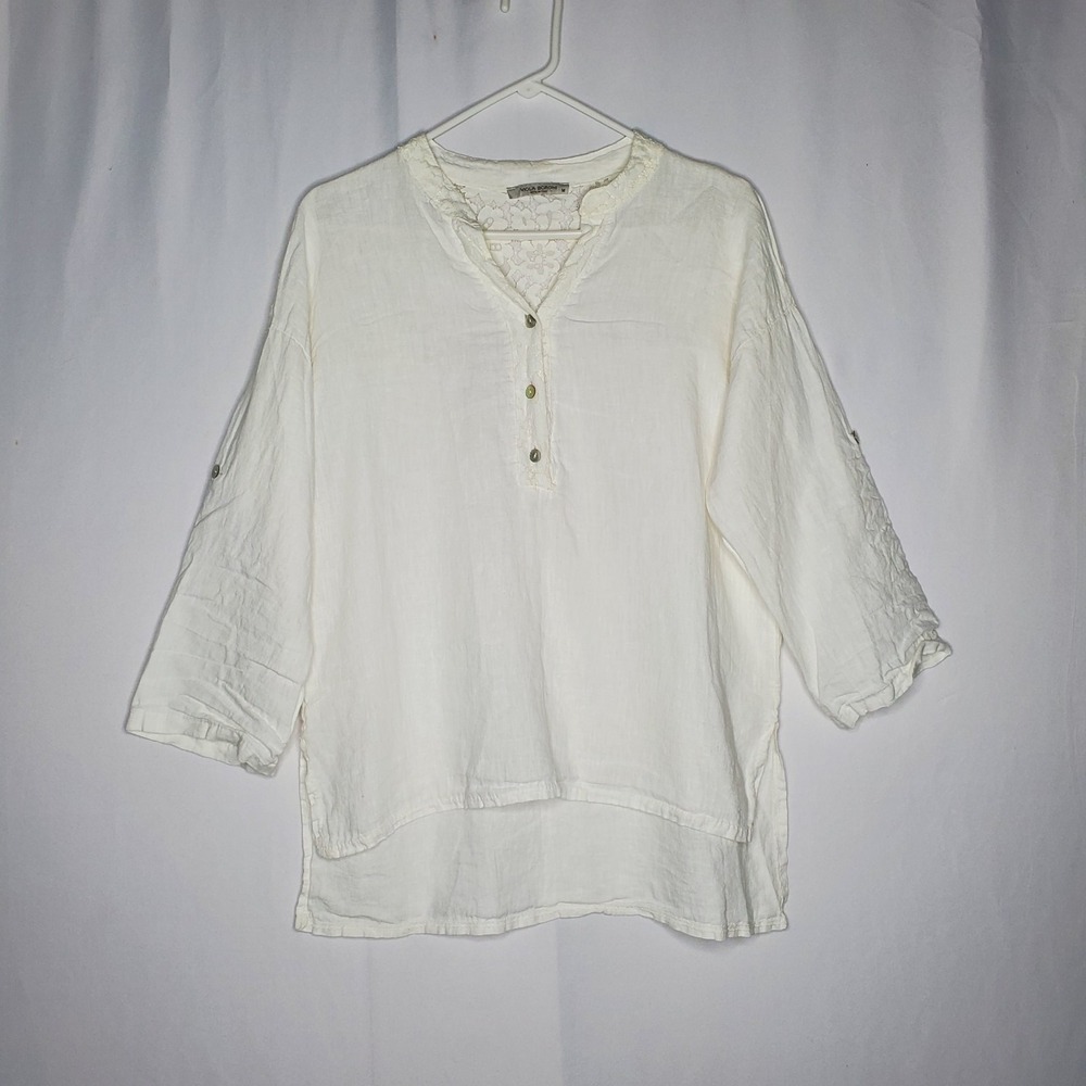 Viola Borghi Linen Lace Top Womens Medium White Button 3/4 Sleeve Hi-Lo Hem Boho